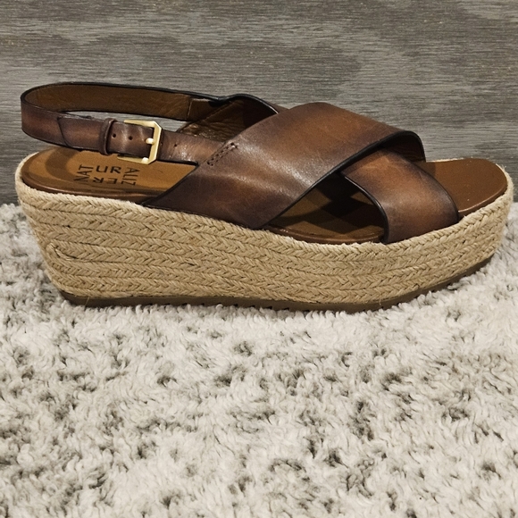 Naturalizer SZ 9.5W Open Toe Brown Leather Espadrille Slingback Buckle 3" Wedge - Picture 3 of 12